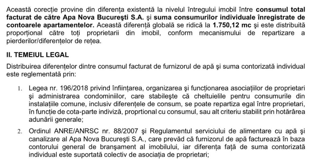 Raspuns asociatie – diferenta 1750,12 mc apa rece, temei legal Legea 196/2018
